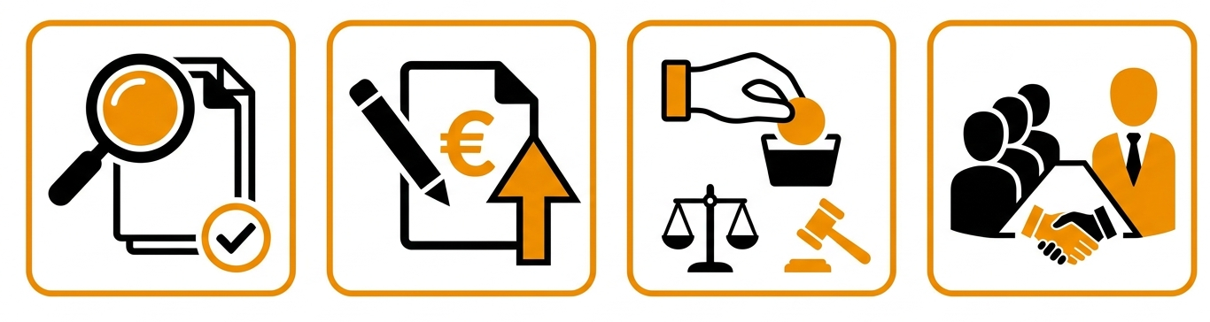 Cztery ikony w kolorze pomarańczowym i czarnym ustawione w rzędzie: lupa nad dokumentem z ptaszkiem, dokument z symbolem euro i strzałką, waga z młotkiem sędziowskim oraz grupa ludzi z osobą reprezentującą, symbolizujące etapy weryfikacji dokumentacji, przygotowania wniosków o płatność, obsługi procedur zakupowych oraz reprezentowania przed instytucją.