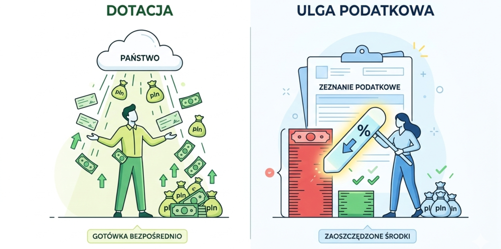 Infografika porównująca dotację i ulgę podatkową. Po lewej: 'Dotacja – Gotówka bezpośrednio' z ilustracją pieniędzy spadających z chmury 'Państwo'. Po prawej: 'Ulga podatkowa – Zaoszczędzone środki' z ilustracją redukcji słupka podatków na zeznaniu podatkowym.