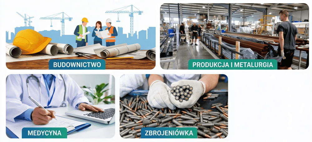 Branże korzystające z ulgi B+R: budownictwo, produkcja i metalurgia, medycyna oraz zbrojeniówka.